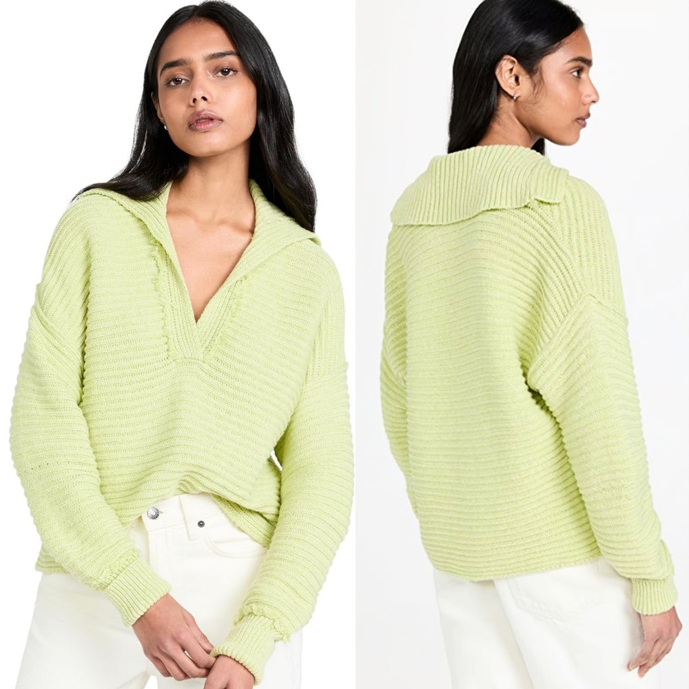 Free People Marlie Pullover Sweater in Acid Lime Green Small, Ribbed V-Neck boho